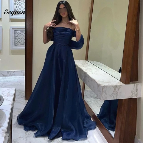 Женское вечернее платье без бретелек, элегантное темно-синее платье из органзы трапециевидной формы для выпускного вечера, 2024