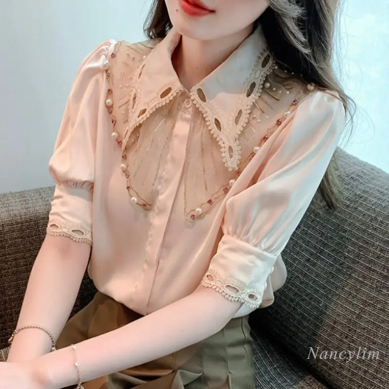 

Summer Peter Pan Collar Short Sleeve Apricot Chiffon Shirt Women's Clothing 2023 New Embroidered Blouses Buttons Tops Blusas