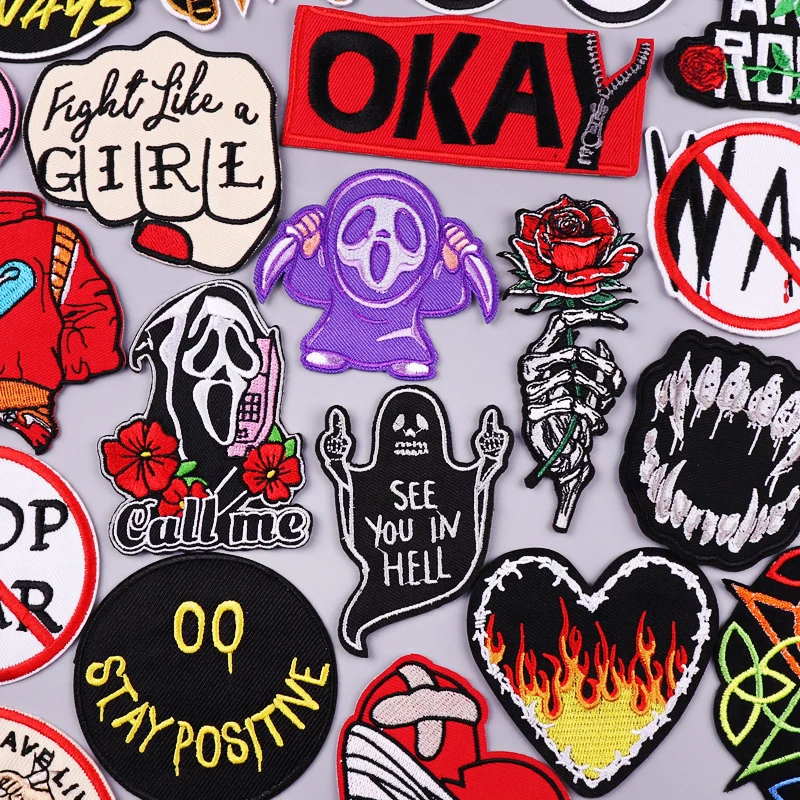 

Horror Ghost Embroidery Patches For Clothing Stickers Punk Skull Badge DIY Hippie Rock Patch Iron On Patches On Clothes Applique