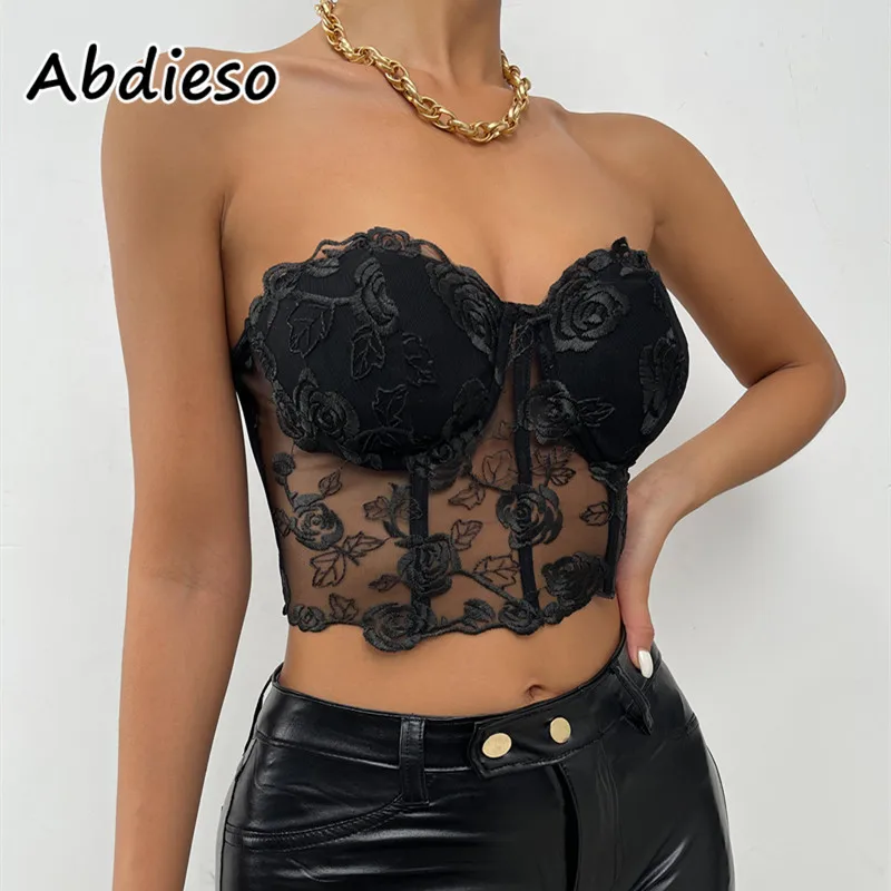 Abdieso без бретелек Белый Сексуальный Кружевной укороченный корсет Топы для женщин