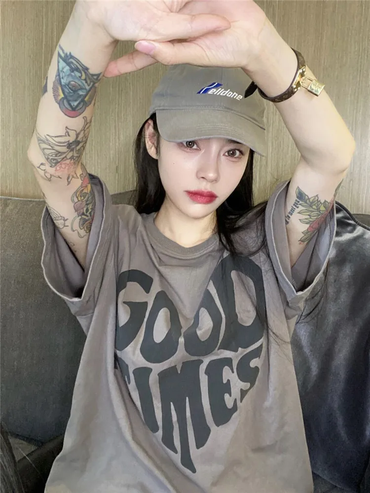 

Pure Cotton T-shirt Women's Design Letters Print Short Sleeve T-shirt 2022 New Summer Loose Sweet Cool Spice Girl Top