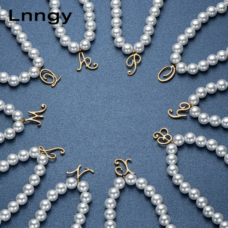 

Lnngy Sterling Silver 26 Letter Bead Necklace 8mm Natural Freshwater Pearl Chain K White, pendant K yellow Pendant Women Jewelry