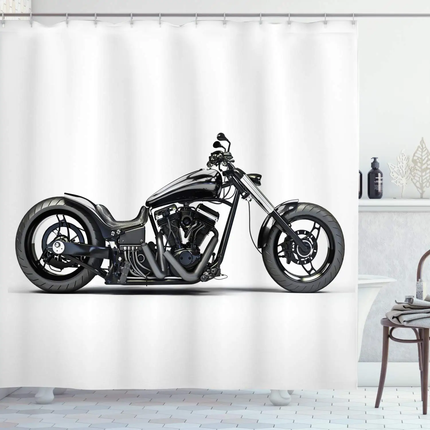 

Motorcycle Shower Curtain Horsepower Adventurous Journey Freedom Ride Masculine Vehicle Bathroom Curtains Decor Set with Hooks