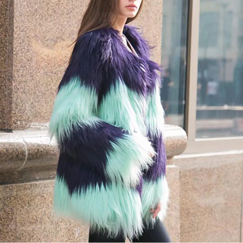 Winter Fashion Long Faux Fur Grass Women's Dress Women's Korean Patchwork Coat