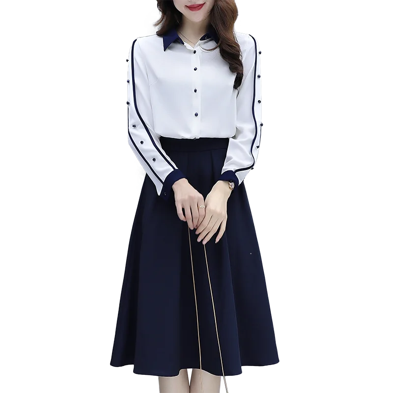 

Летний женский костюм, женская одежда, корейская мода, однотонная блузка с длинным рукавом и воротником поло, подходящая юбка, шифоновый ком...