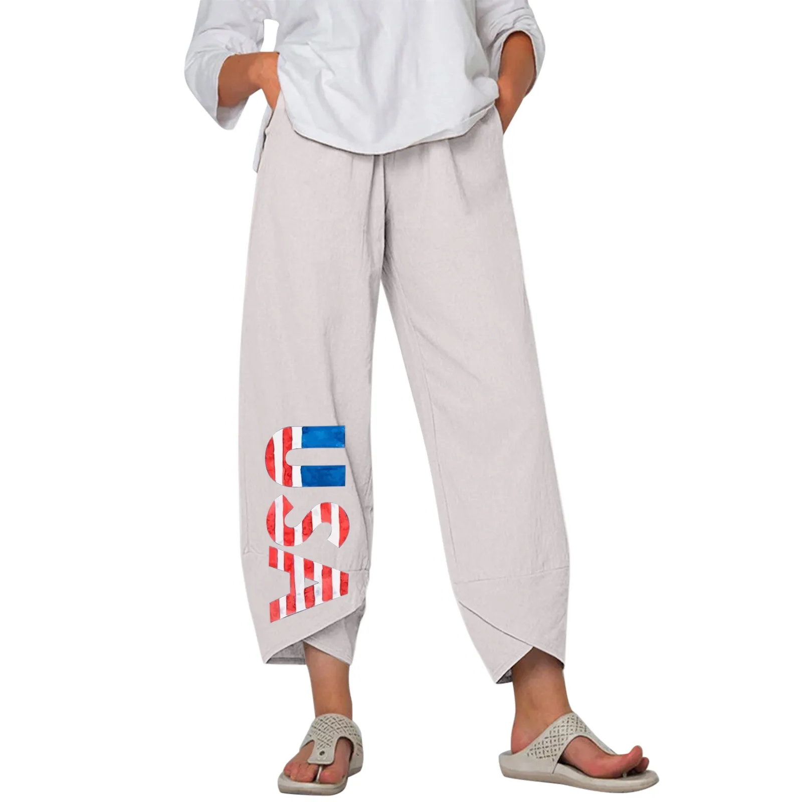 Women Cotton Linen Wide Leg Pants American Flag Print Cropped Harem Pants Elastic Waist Drawstring Trousers Loose Casual Pant