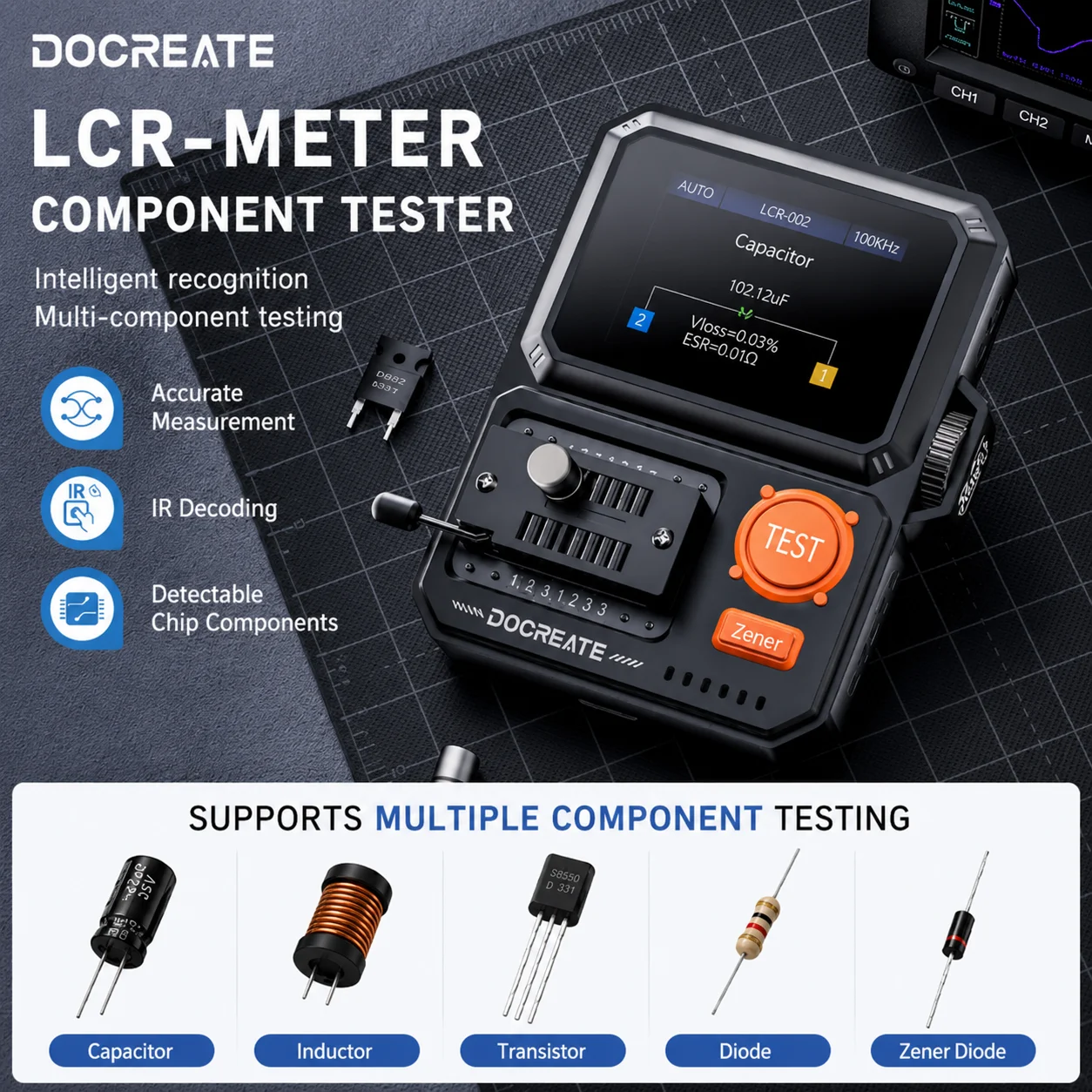 Фото DOCREATE LCR-D2: Новейший многофункциональный тестер транзисторов, измеритель LCR ESR, декодирование ИК-излучения, измерение емкости, сопротивления, диодов, триодов, MOSFET, IGBT, стабиллизаторов Зенера №1