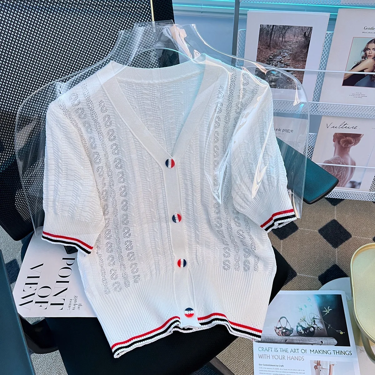 Женский вязаный кардиган Bling Стразы белого цвета свитер летние свободные