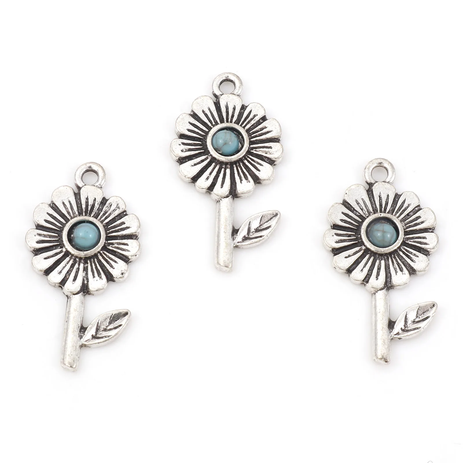 

10PCs Bohemian Charms Antique Silver Color Sunflower With Resin Cabochons Green Blue Imitation Turquoise Pendant Jewelry 25x13mm