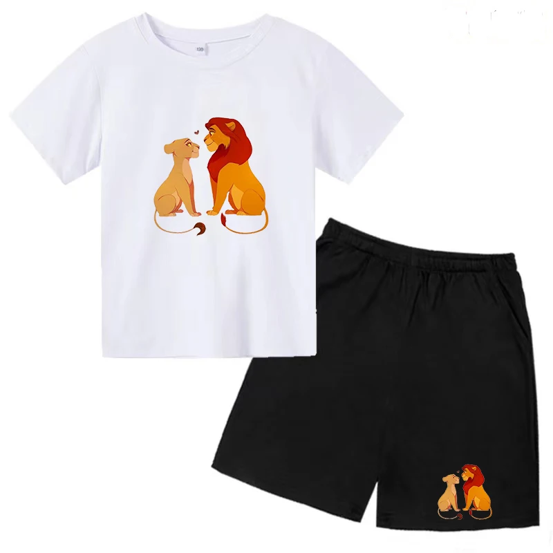 Disney Boys Girls Neutral Summer T-shirt Top + Shorts Suit Cartoon Print Lion King Simba Cotton Clothes for Kids 3-12 Years Old