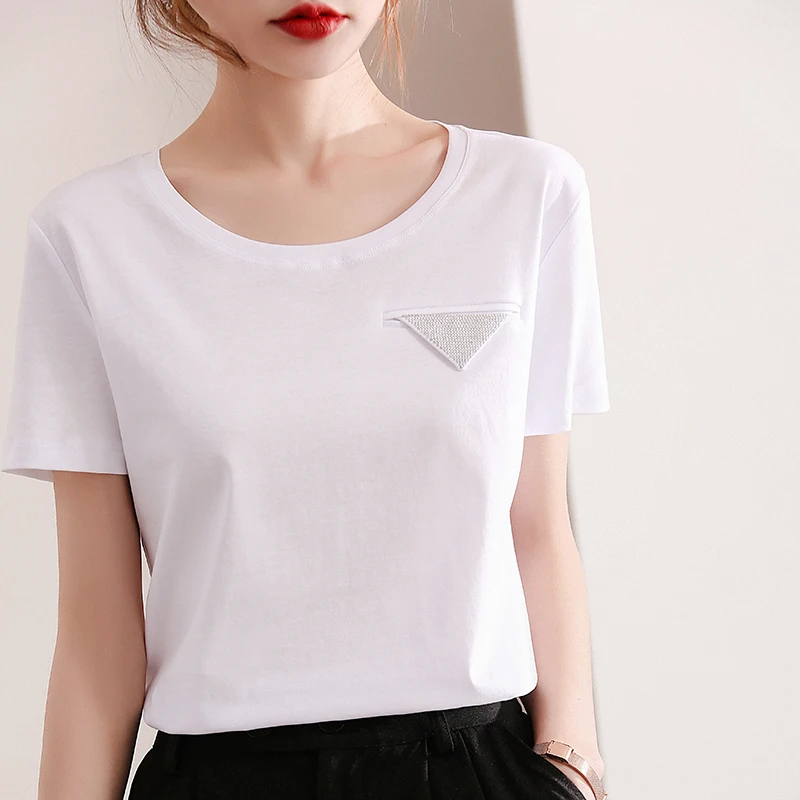 

2022 Mercerized Cotton 80 Hot Drill Half-Sleeve Slim Round Neck Short-Sleeved T-Shirt Women's Solid Color Bottoming Shirt
