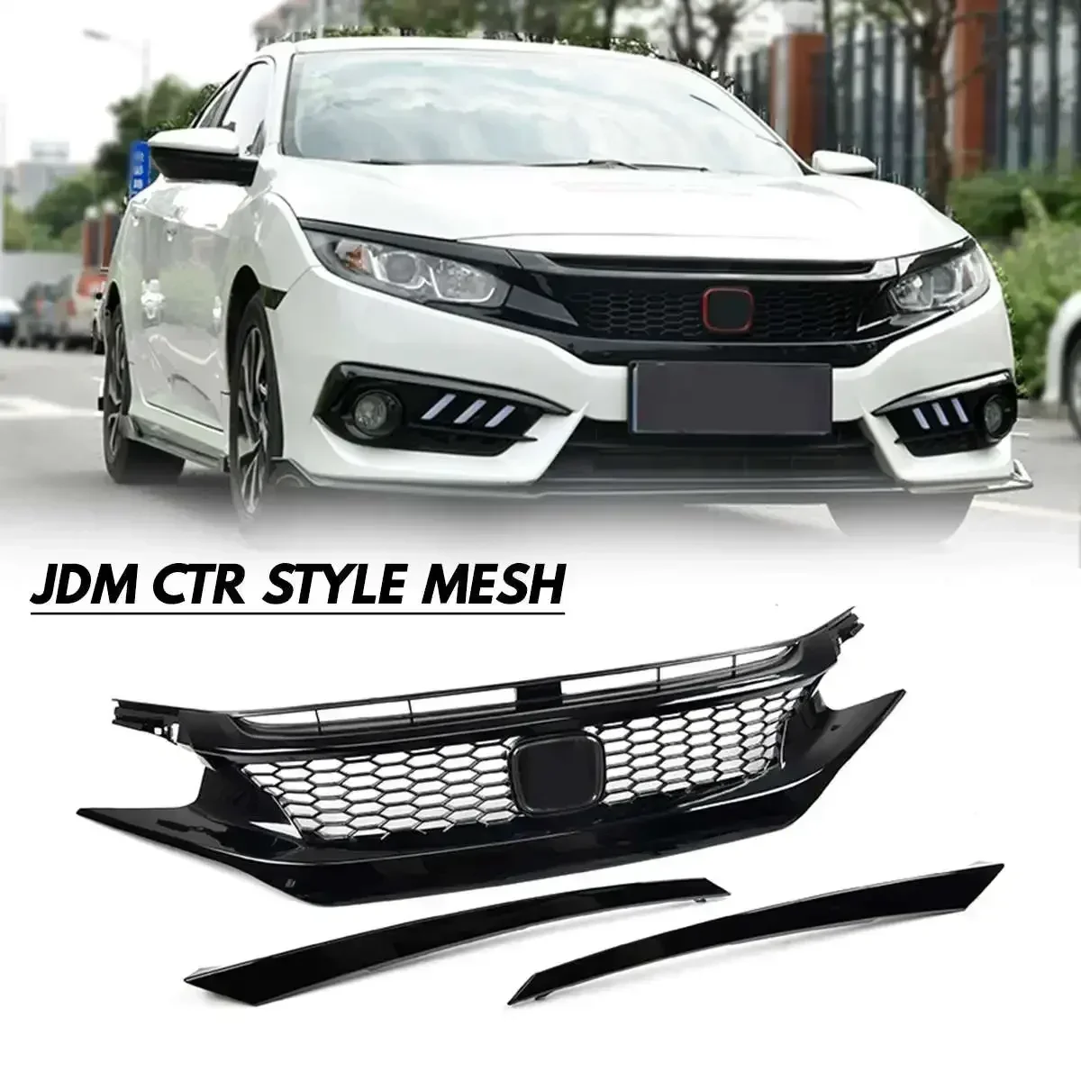Glossy Black Mesh Front Hood Grille Grills JDM-CTR Sport Style For Honda Civic 2016-2019 10th Gen Replacement Part Body Kit