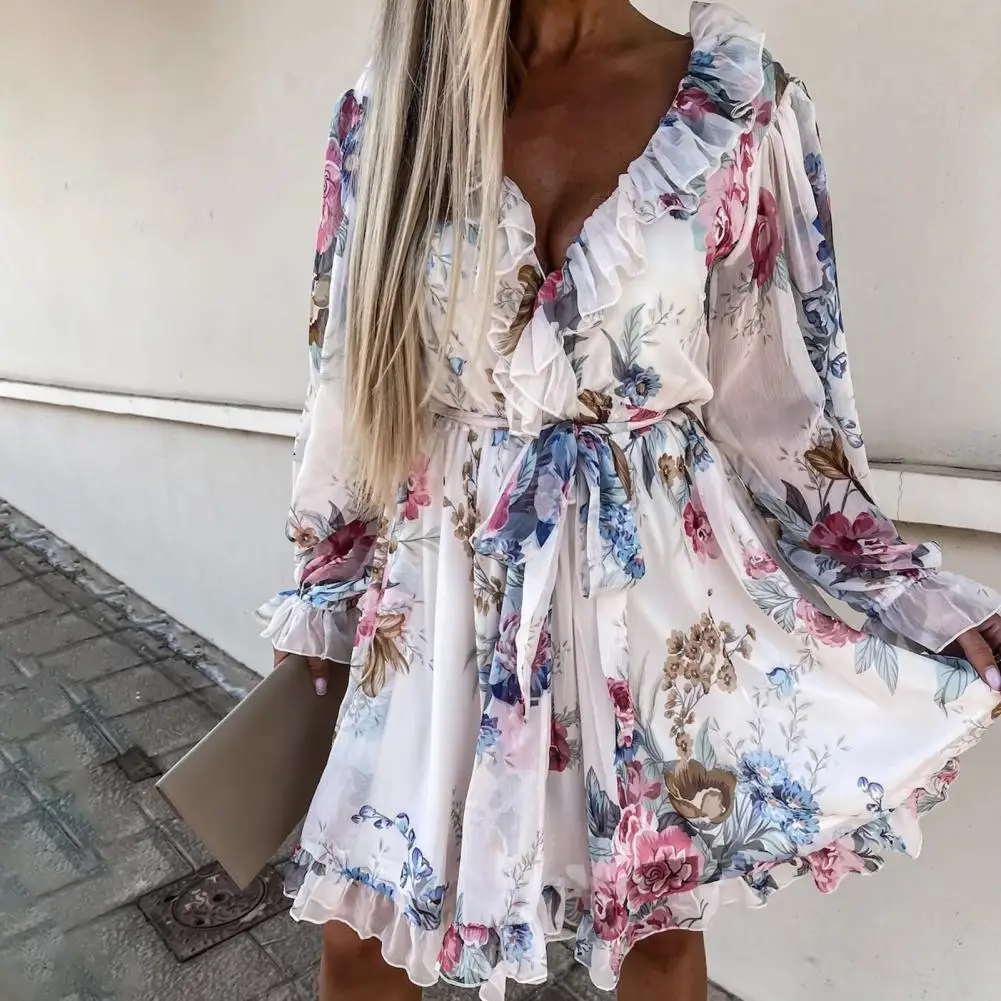 

Fashion Floral Print Ruffled V Neck Vestidos Women Elegant Party Dress Summer Casual Waist Belt Evening Dresses for women 2022