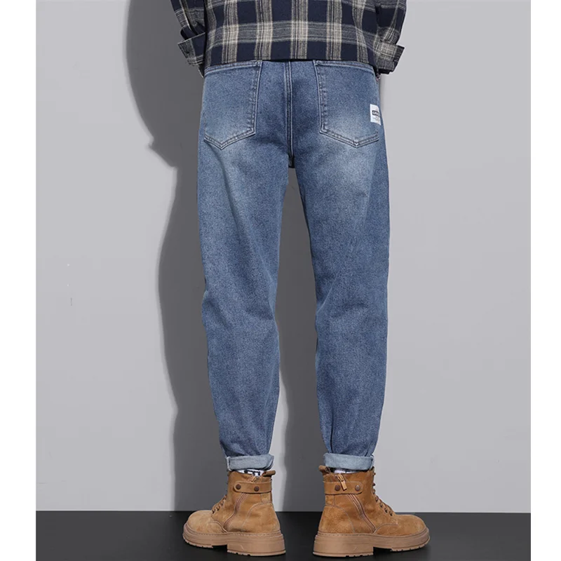 Men Clothing New Pattern Recreational Vintage Blue Jeans Straight Cylinder Loose Elastic Force Street Trousers Autumn Female