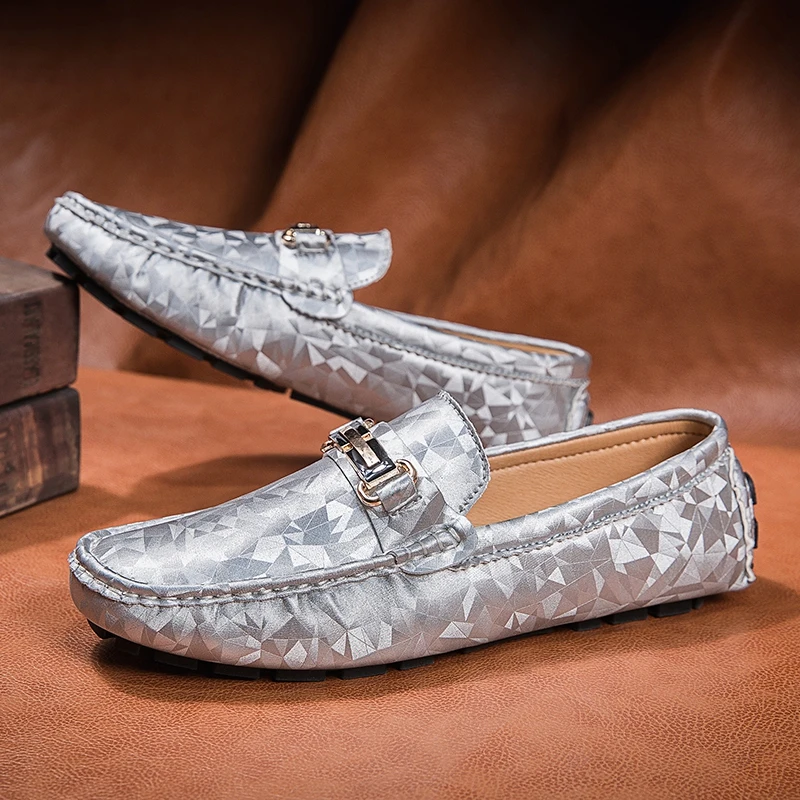 

Fashion Designer Men Leather Casual Shoes Size 35-48 Silver Men Loafers Flat Slip-on Mens Moccasins Zapato Hombre Mocasines