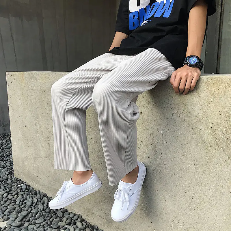 

Pleated Straight Pants Men's Elastic Waist Casual Pants Men Streetwear Loose Japanese Trousers Mens