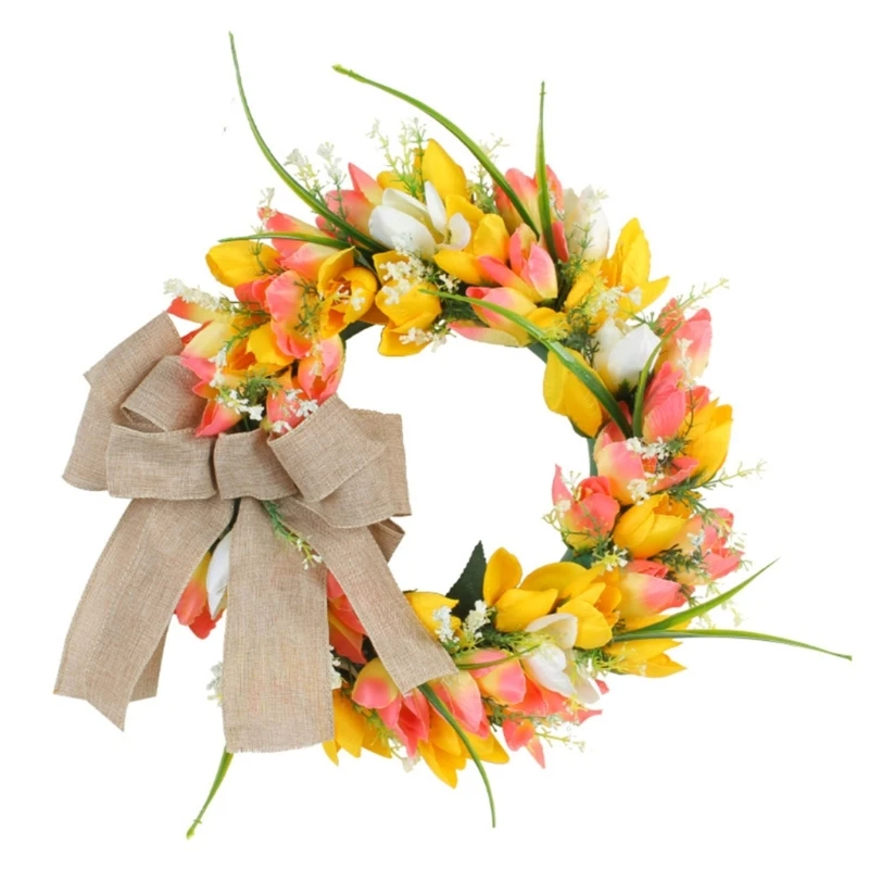 

69HF Hanging Artificial Wreath Pendant Tulip Gifts Easter Door Sign Artificial Tulips Wreath Ornaments Spring Sign