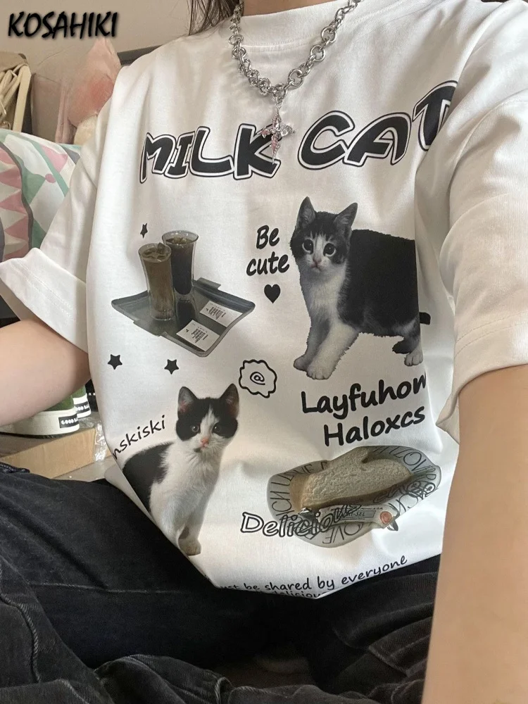 

Y2k Aesthetic Short Sleeve T-shirts Vintage Cat Letter Print Tee Shirts Femme Harajuku O Neck Loose Casual All Match Tops Women