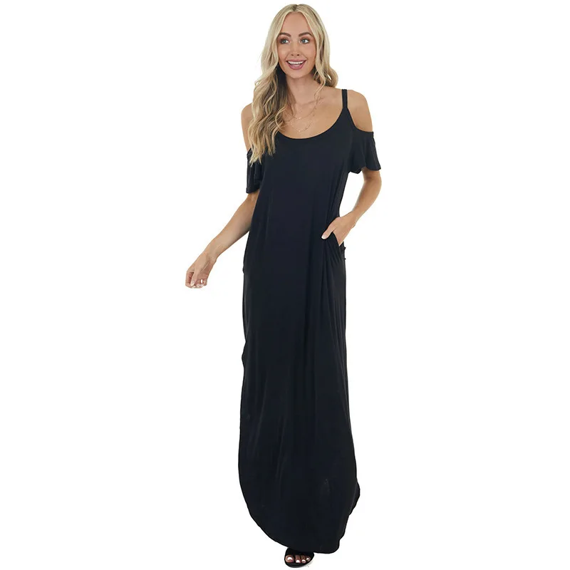 

High Elastic Vest Robe Summer 2022 Elegant Women Drop Shoulder Solid Color Dress O Neck Long Skirt Hem Slit Long Dress Vestidos