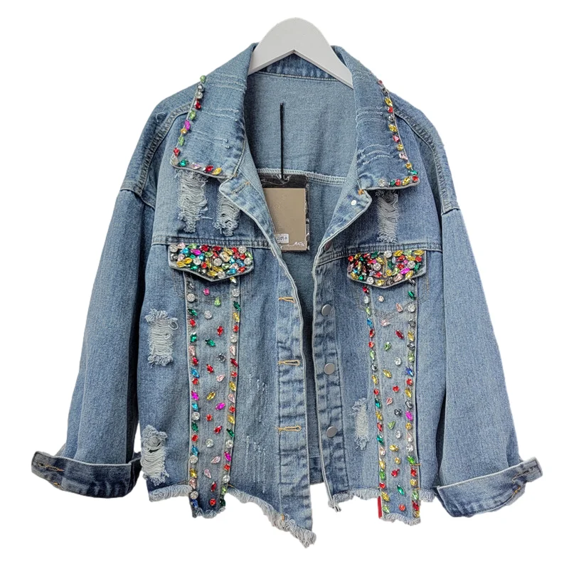 

Джинсовая куртка женская с дырками, повседневная Короткая свободная ковбойская верхняя одежда из денима со стразами, в винтажном стиле, разные цвета, весна-осень