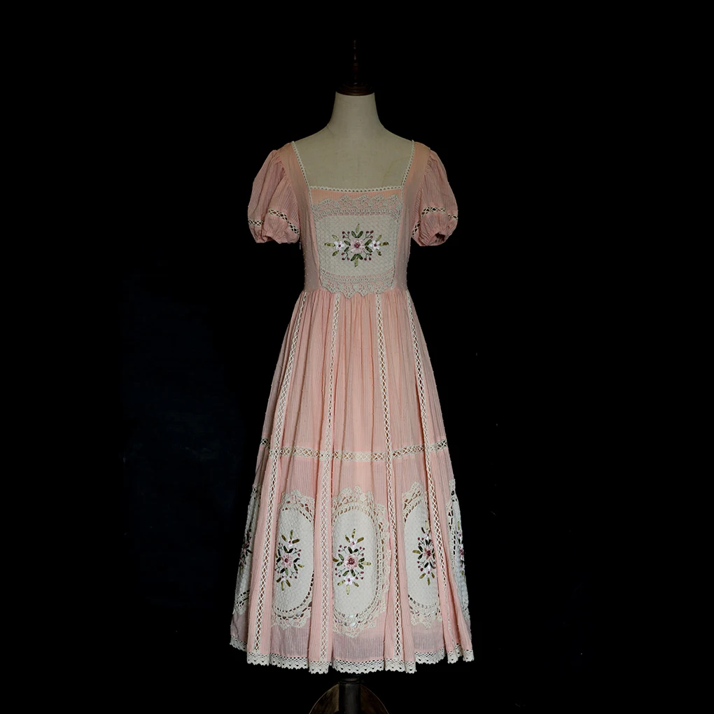 

Summer Original Design Women Vintage Remake Cottogecore Ribbonwork Embroidery Hollow Out Lace Patchwork Cotton Dresses