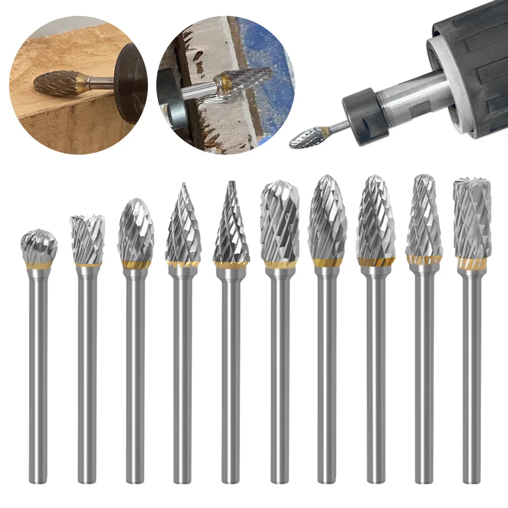 

10 pcs 1/8" Shank Tungsten Carbide Milling Cutter Rotary Tool Burr Double Diamond Cut Rotary Dremel Tools Electric Grinding