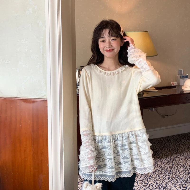 Милая рубашка с кружевным низом для девочек женская осенняя длинным рукавом