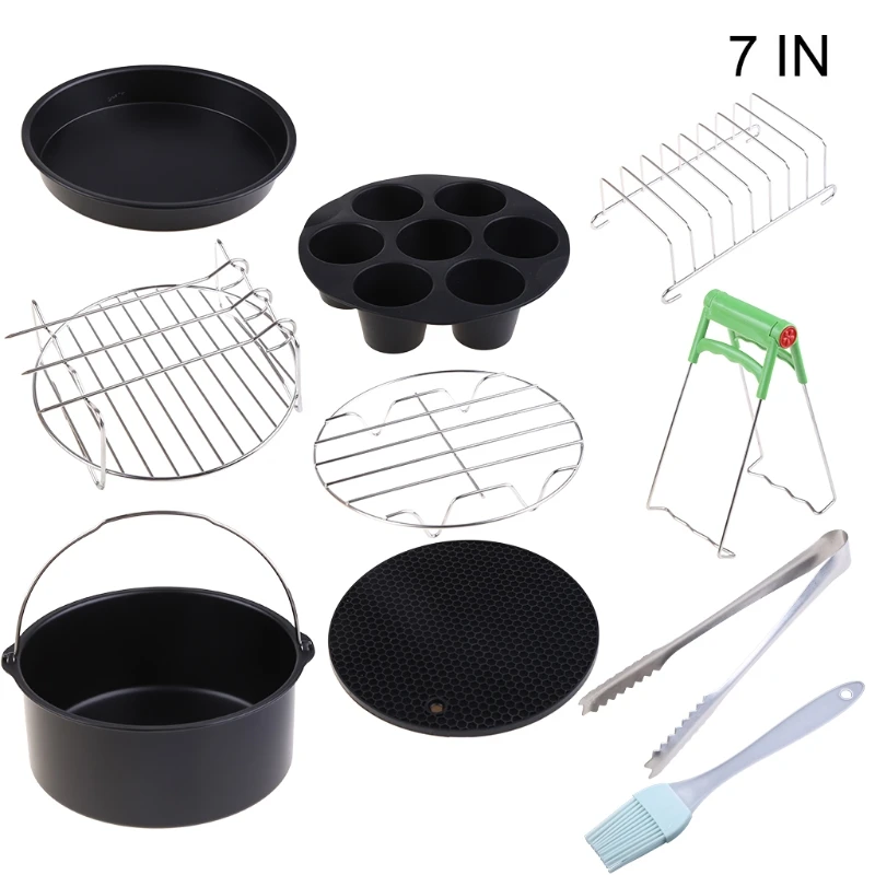 C63B 9pcs/set 6/7/8 Inches Air Fryer Accessories Pizza Tray Grill Toast Rack Insulation Pad 3.2QT-5.8QT Home Kitchen Parts