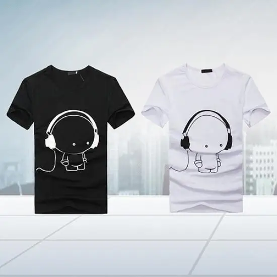 

New Boys Slim T-shirt Cute Headphone Printing Student Class Uniform Couple Wear Trendy Men Short-sleeved Top Summer Clothes