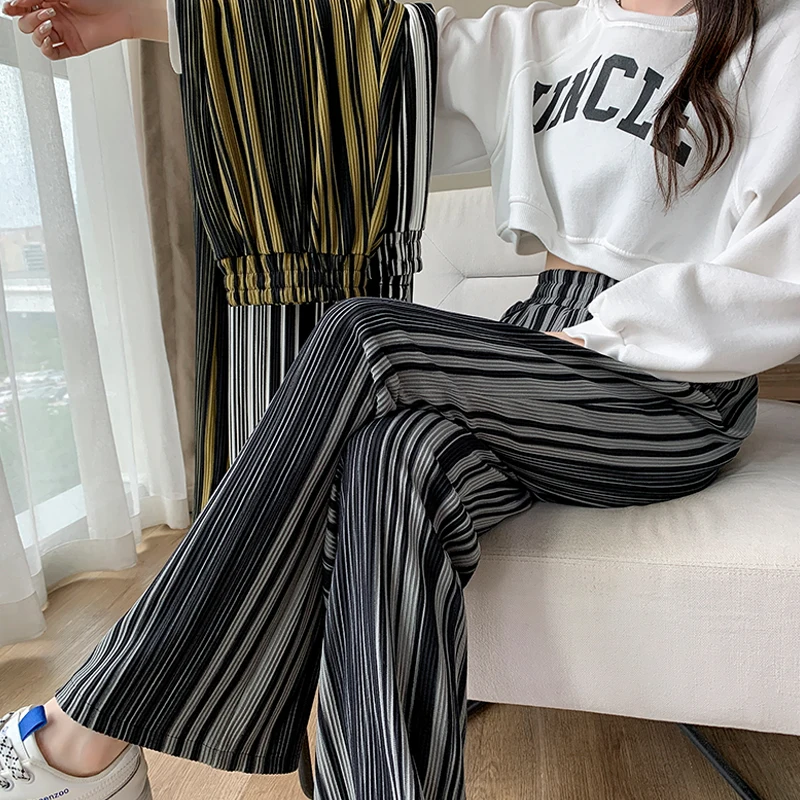 

Collaosed striped chenille wide-legged pants female qiu dong the drape of tall waist show thin easy straight mop slacks