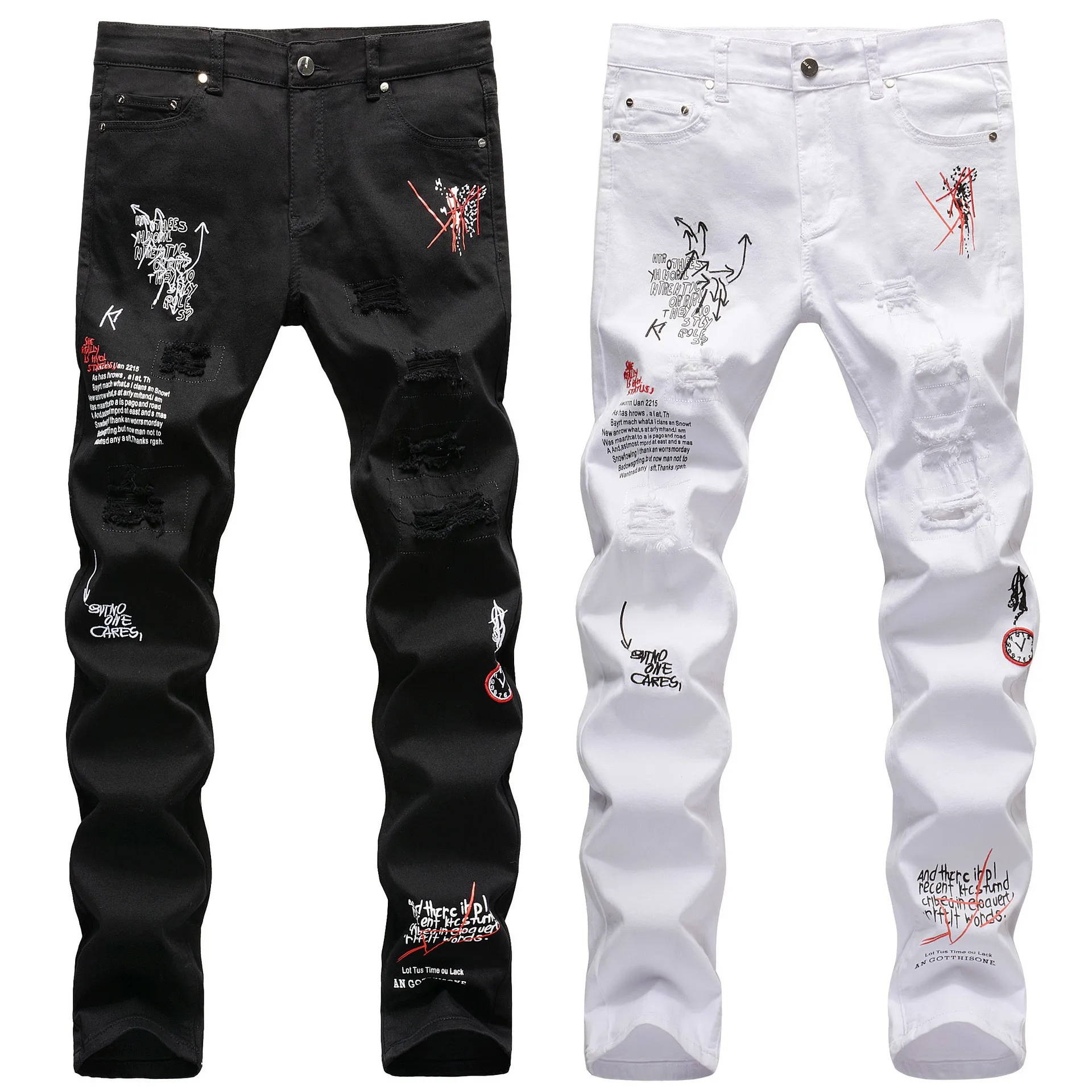 Mens Fashion Stretch Denim Pants White Jeans Male High Quality Embroidery Letters Black Jeans Destroyed Ripped Hip-hop Trousers