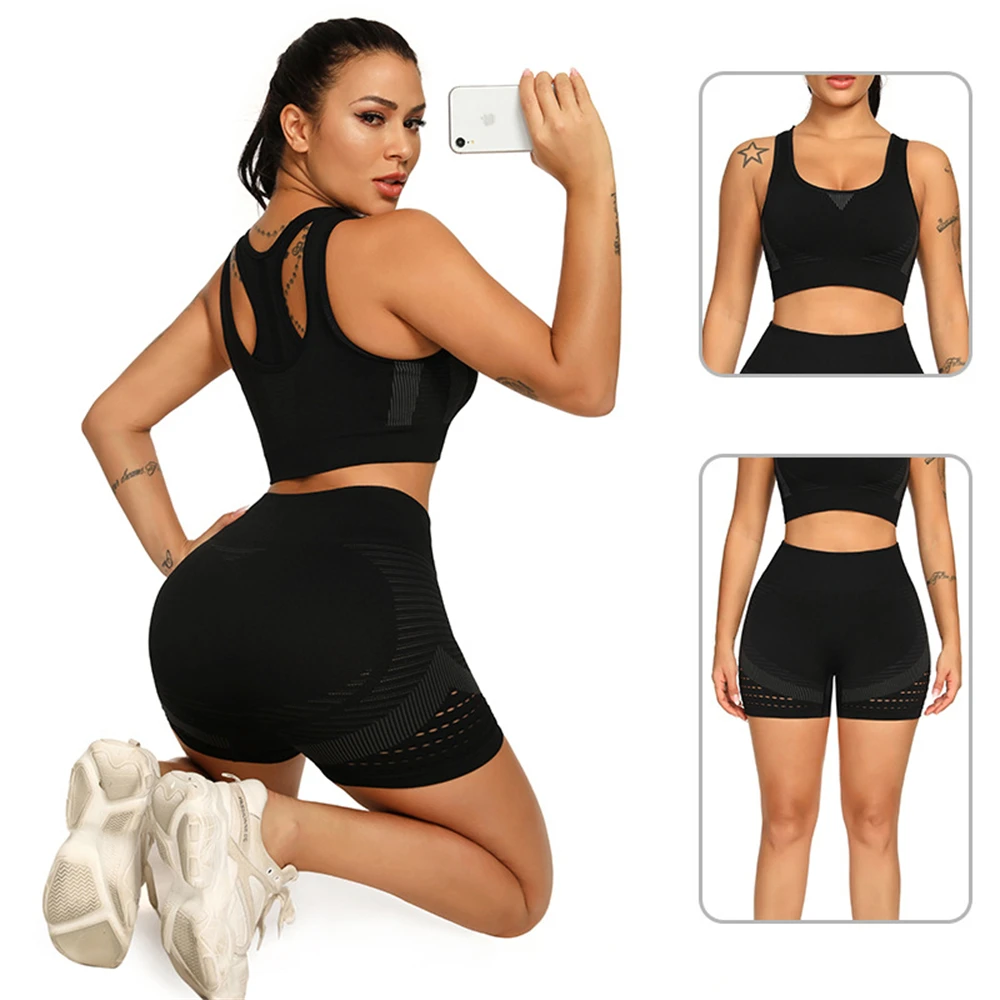 

Summer Woman Seamless Sports Set Quick Dry Gym Fitness Sets Hollow Mesh Sexy Workout Set Sports Bra Yoga Leggings Gym Clothing