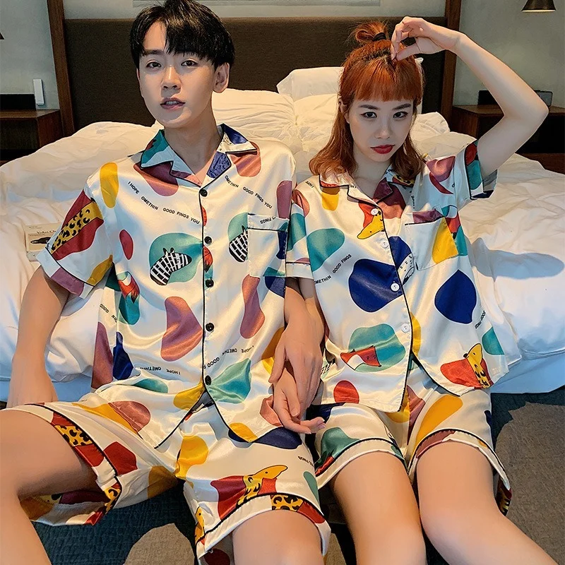 QWEEK Pajama Couple Man and Woman Satin Silk Sleepwear Kawaii Cartoon Pijamas Summer Night Home Suit Pyjamas Suits with Shorts