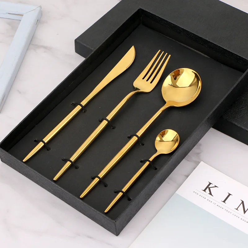 

New 304 stainless steel bright Portuguese tableware set hotel western steak coffee tea spoon gold cutlery set dining table set