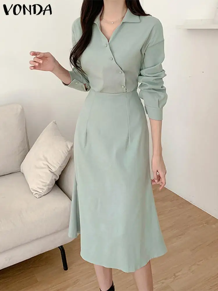 

Women Office Lady Midi Dress 2023 Casual Solid Color Turn-down Collar Elegant Mid-Calf Sundress Fashion Party Vestidos Baggy