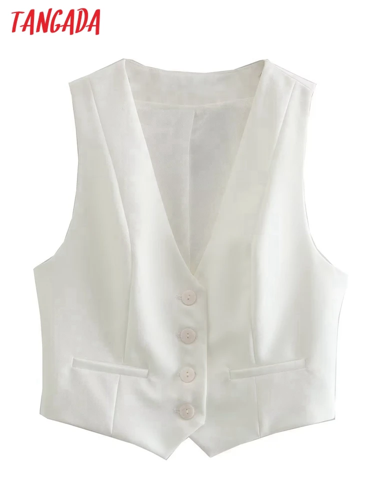 

Tangada Women 2022 Fashion Solid Female White Waistcoat Chic Crop Tops 4M133
