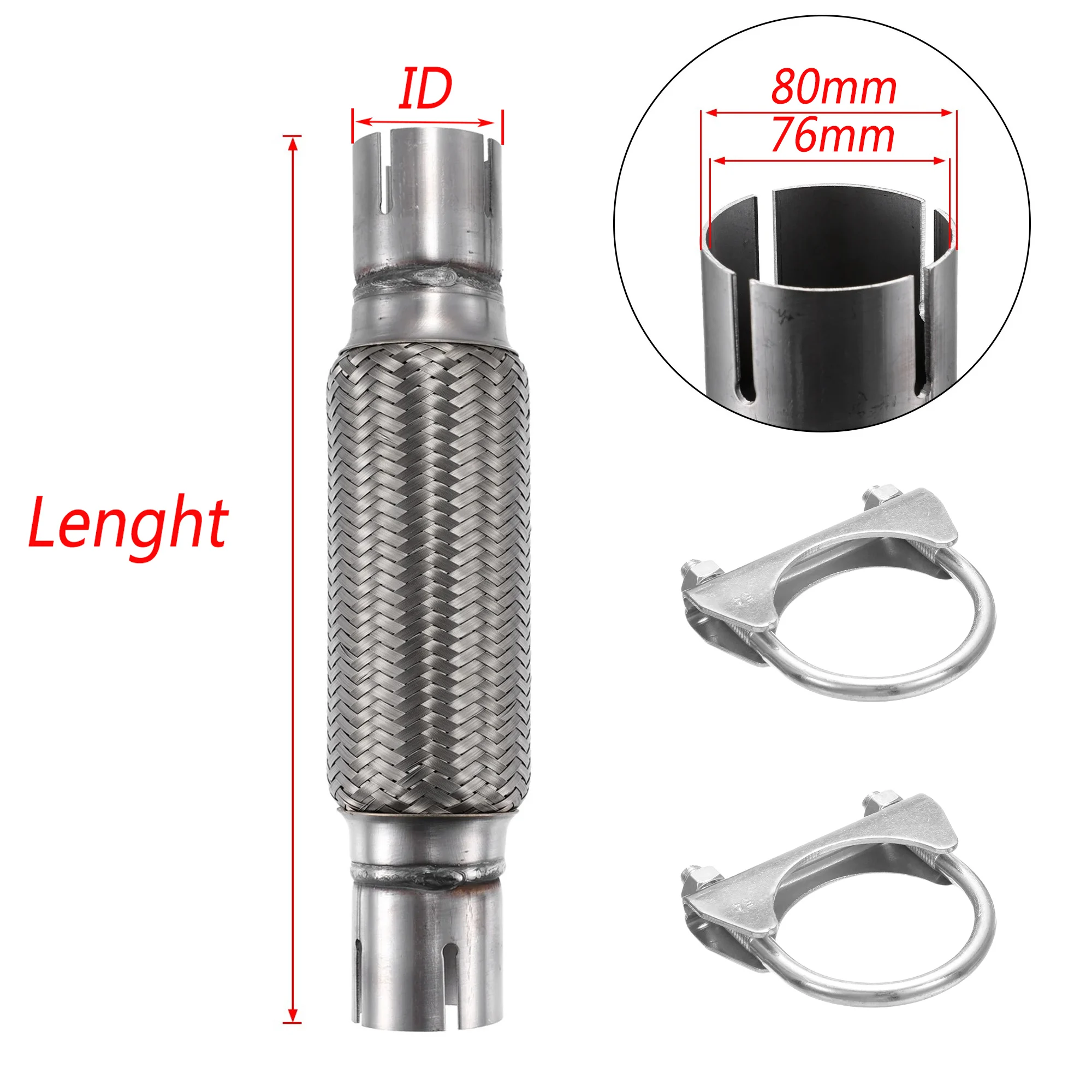 

2 универсальных крепежных зажима для выхлопной системы автомобиля, гибкая выхлопная труба с двойной оплеткой, гибкий наконечник глушителя, нержавеющая сталь, хвостовая труба