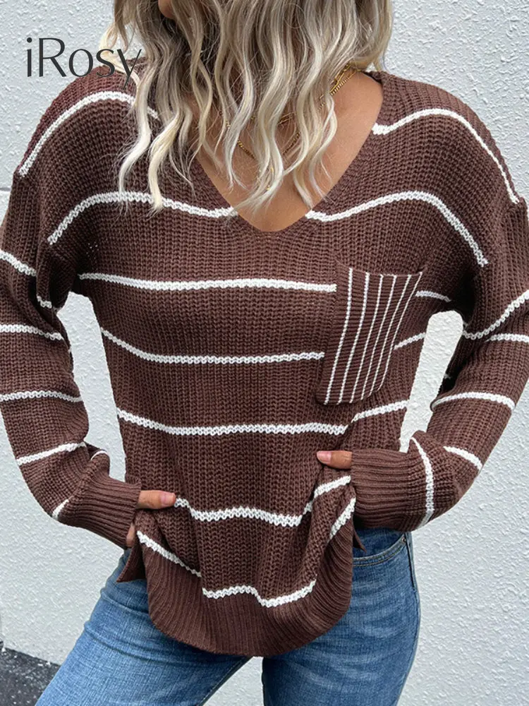 

Свитер женский осенне-зимний, 2022, Новый Модный Топ с длинным рукавом, легкие трикотажные пуловеры, свободные вязаные свитера в полоску, трик...