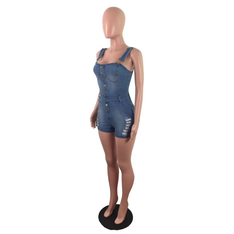 Slim Thin Sling Sleeveless Skinny Jumpsuits Women White Spray Hole Hollow Out Playsuits Denim Shorts Female Outfit OL One Piece