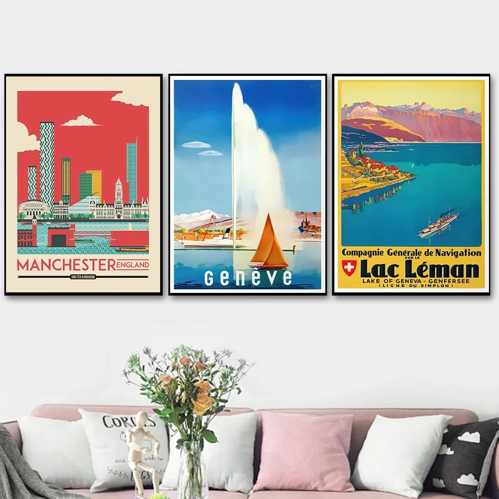 

Geneve Switzerland Scenery Wall Painting San Francisco Sea Lakes Poster Print Manchester Canvas Painting Nordic Wall Home Decor