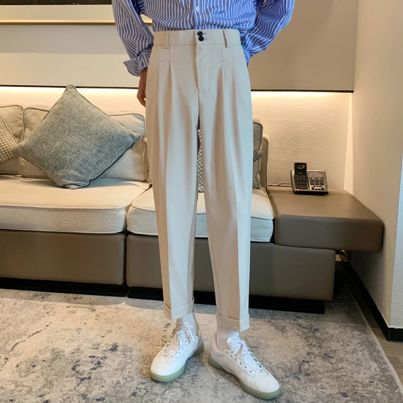 

2023 Men Spring Autumn Fashion Korean Casual Solid Color Pants Men's Straight Loose Trousers Male Business Suit Pants U203