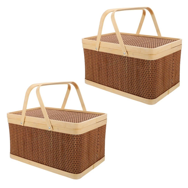 

2X Bamboo Portable Storage Basket Picnic Basket Snack Fruit Basket Home Kitchen Storage Basket Bedroom Desk Basket