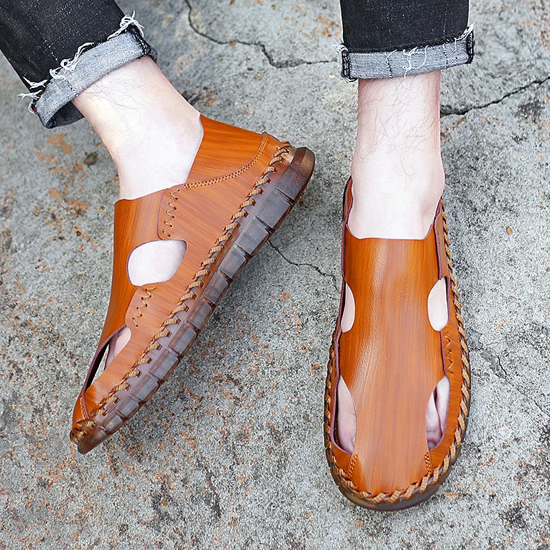 

Summer Men Breathable Leather Sandal Hiking Closed Toe Sandal Hiking Tours Shoes Outdoor Lightweight Anti Slip Camping Slippers