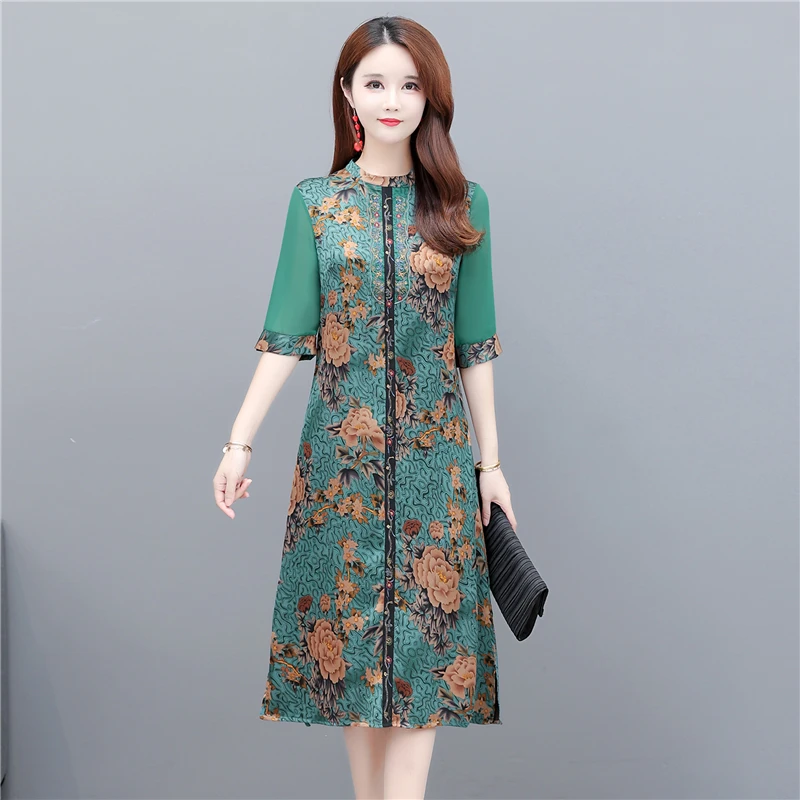 

2022 Elegant Spring Autumn Embroidered Mulberry Silk Satin Dress Women O Neck Half Sleeves Vintage Length Dresses vestidos
