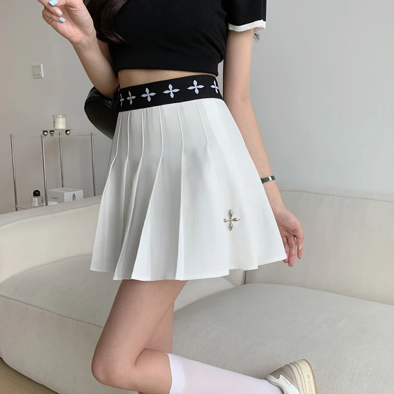 

Fashion Women Embroidery Pleated Skirt Summer High Waist Elegant A-line JK Mini Skirts Casual Korean Preppy Style Dance Skirt
