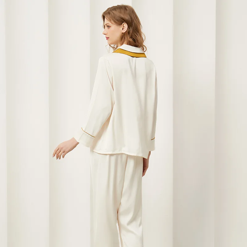 Elegant Silk Women Pajamas Set Turn-down Collar White Color Sleepwear Homewear Autumn Winter Pyjamas Two Pieces Nightwear