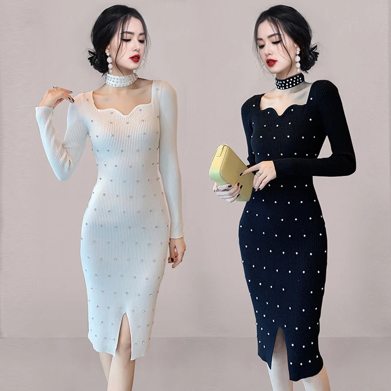

Женское осенне-зимнее Новое корейское высококачественное вязаное платье с квадратным вырезом и длинными рукавами, приталенное модное вяза...