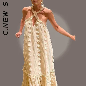 C.New S Sleeveless Halter Maxi Dress Ruffle Slip Holiday Hollow Out Streetwear Women Clothing Female
