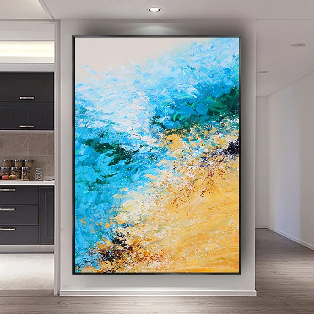 

Blue sea canvas painting hand painted thick oil texture oil painting abstract coastline and waves wall art picture pop decor art