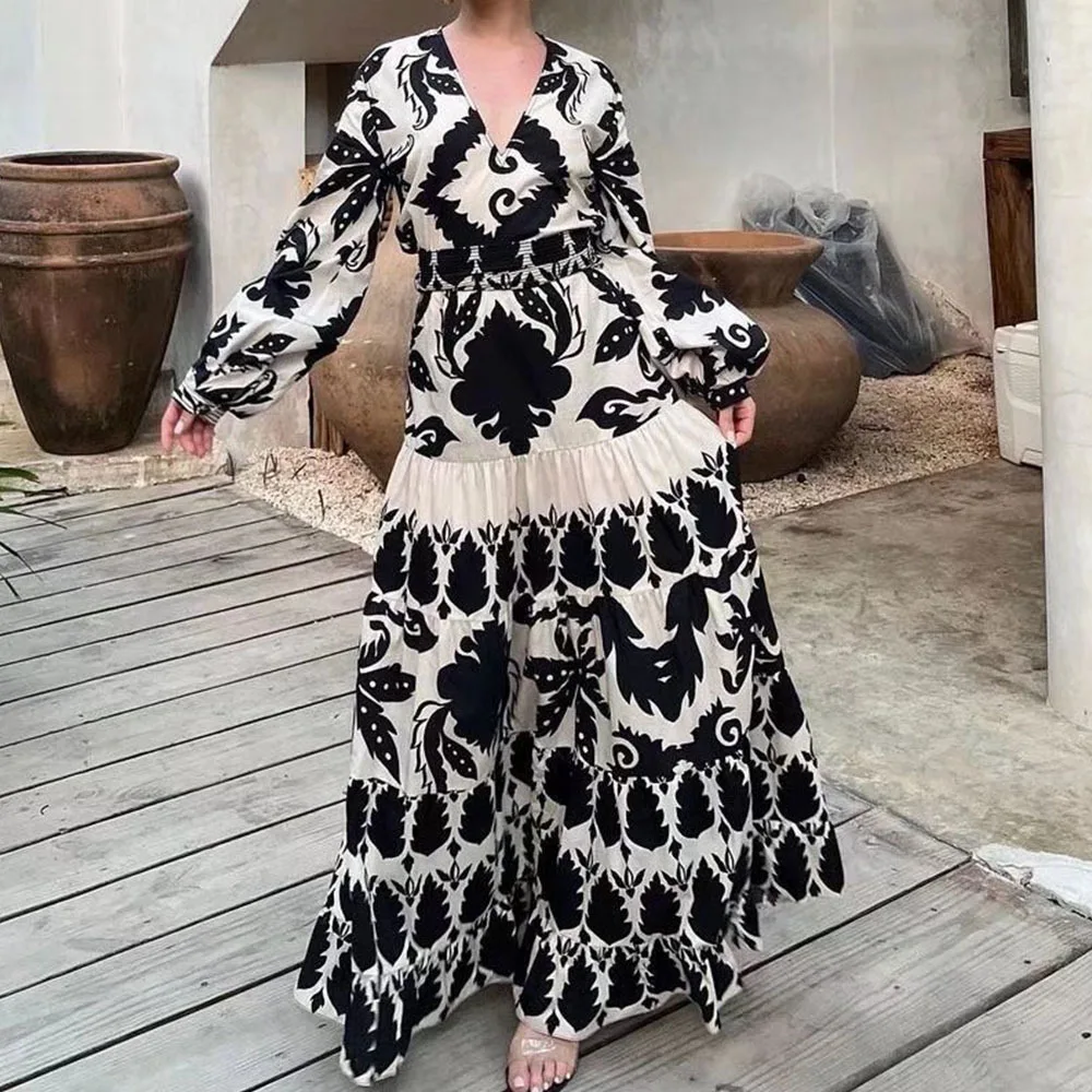 

TEELYNN Lantern Long Sleeve Ethnic print Rayon Maxi Dresses For Women 2022 Vintage V Neck Boho Autumn Dress Vestidos Bohemian